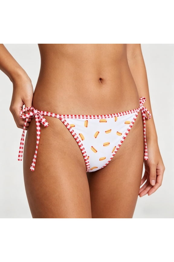 Reversible 4th of July Bikini Bottom - Low Rise String Bottom, Hotdog & Star Print Swimwear Bottom
