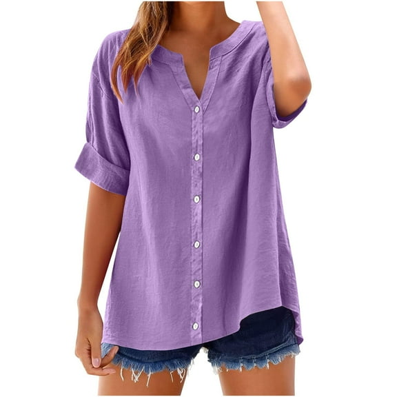 Turilly Cotton Linen Shirts for Women Women's Casual Short Sleeve Round Neck Summer Loose Tee Shirt Tops