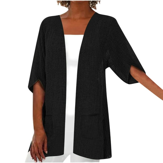 Giftesty Solid Color Cardigans for Women Clearance, Women's Casual Cotton And Linen Medium Sleeved Pocket Cardigan T-Shirt Top