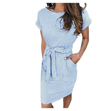 Giftesty Spring Dresses for Women 2024 Women Casual Crewneck Straps Short Sleeve Striped Printing Loose Dress
