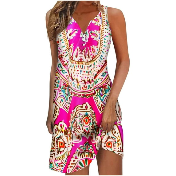 Giftesty Summer Dresses for Women 2024 New Women's Printed V-neck Chest Button Sleeveless Dress