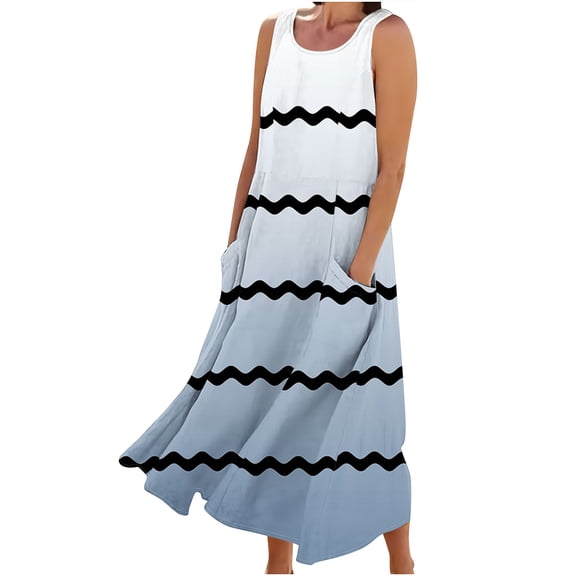 Giftesty Summer Dresses for Women New Women's Sleeveless Cotton and Linen Round Neck Printed Long Dress