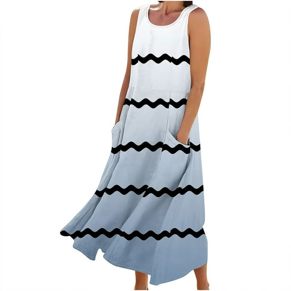 Giftesty Summer Dresses for Women New Women's Sleeveless Cotton and Linen Round Neck Printed Long Dress