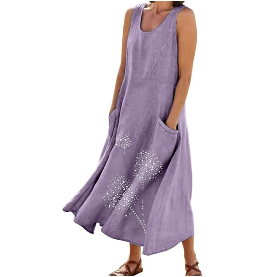 Giftesty Summer Dresses for Women New Women's Sleeveless Cotton and Linen Round Neck Printed Long Dress