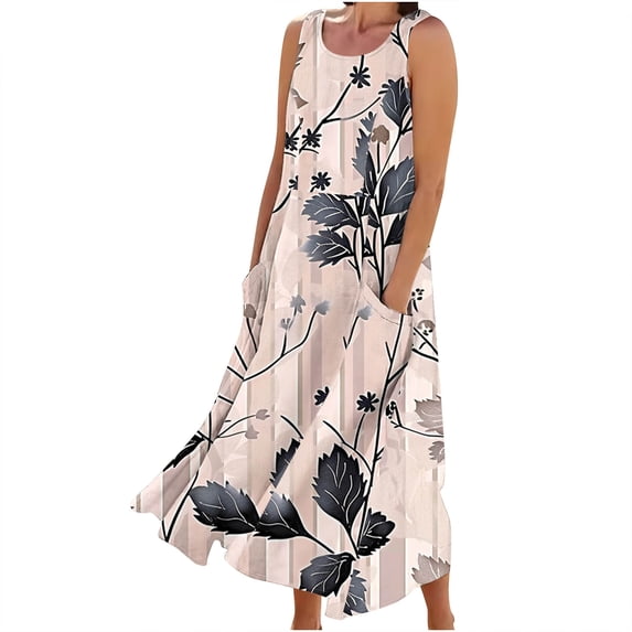 Giftesty Summer Dresses for Women New Women's Sleeveless Cotton and Linen Round Neck Printed Long Dress