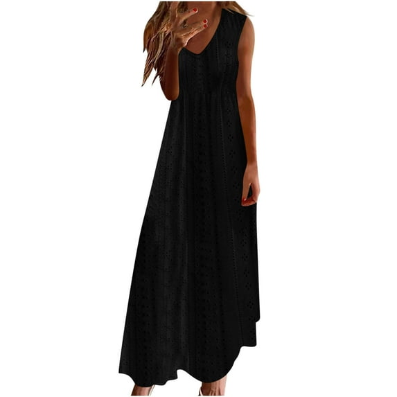 Giftesty Summer Dresses for Women Women Casual Holiday Style Hollow Out Long Dress Solid Color Loose Sleeveless V-Neck Camisole Dress