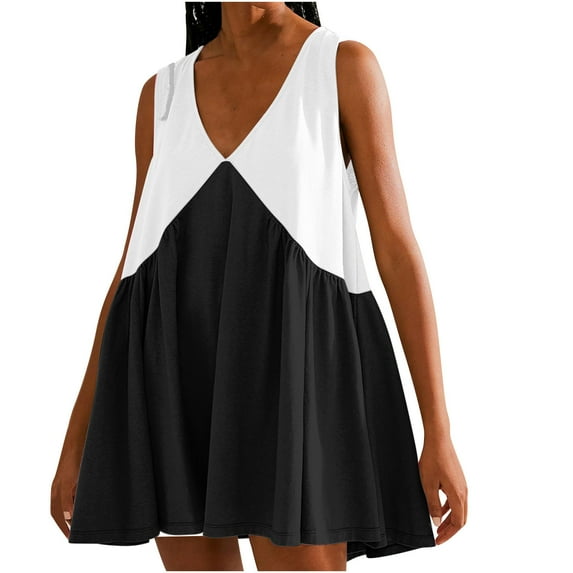 Giftesty Summer Dresses for Women Clearance Deals Women Casual Loose Patchwork Color Pleated Sleeveeless V-Neck Dress with Pocket