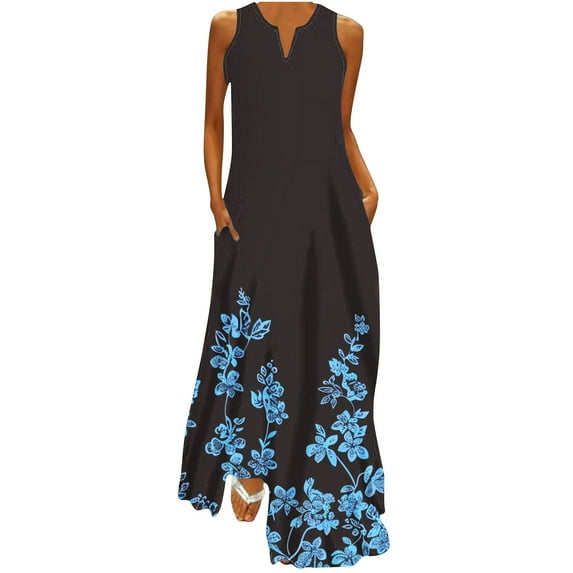 Giftesty Summer Dresses for Women Women Casual Loose Printed Tank Dress Beach V-neck Pocket Sundress Sleeveless Dresses
