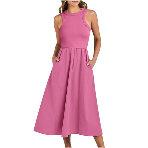 Giftesty Summer Dresses for Women Fashion Sexy Solid Sleeveless Round Neck Pleated Dresses Mid-Calf Dress Long Dress