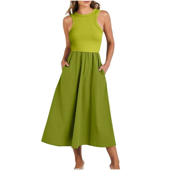 Giftesty Summer Dresses for Women Fashion Sexy Solid Sleeveless Round Neck Pleated Dresses Mid-Calf Dress Long Dress
