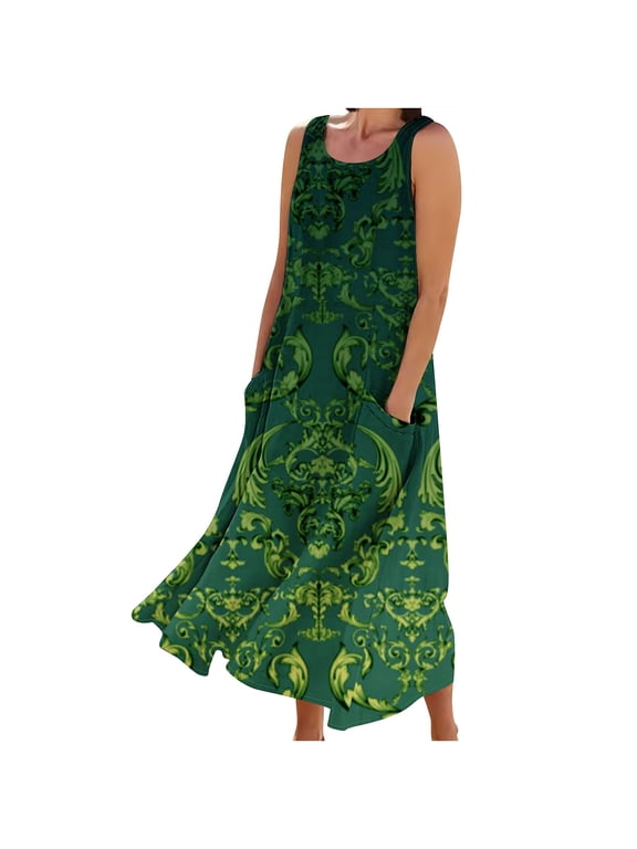 Summer Dresses for Women Sleeveless Cotton and Linen Round Neck Printed Long Dress with Pocket