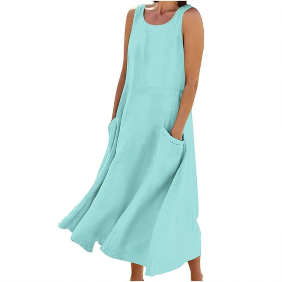 Giftesty Summer Dresses for Women Sleeveless Cotton and Linen Round Neck Solid Color Long Dress with Pocket