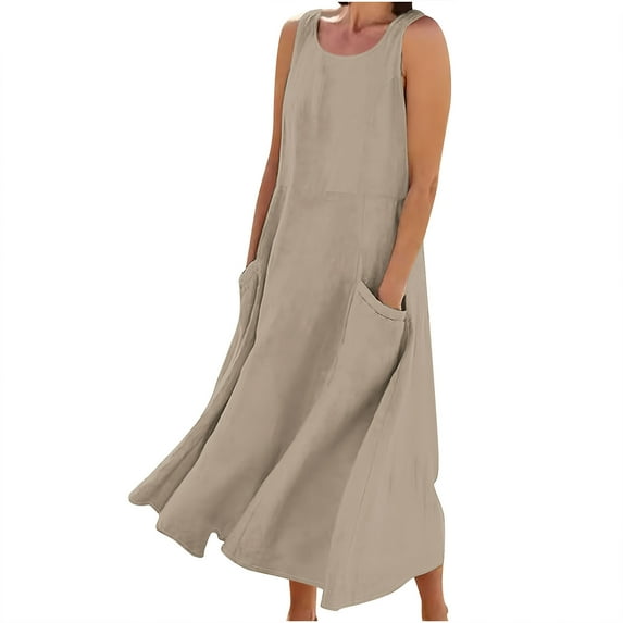 Giftesty Summer Dresses for Women Sleeveless Cotton and Linen Round Neck Solid Color Long Dress with Pocket