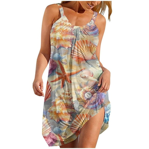 Giftesty Summer Dresses for Women Sleeveless Round Neck Printed Casual Daily Beach Medium Style Dress