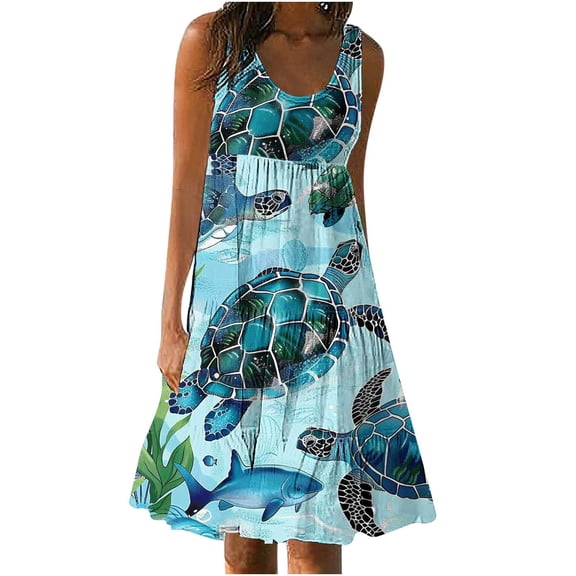 Giftesty Summer Dresses for Women Womens Fashion Holiday Summer Casual Printing Sleeveless Party Beach Loose Dress