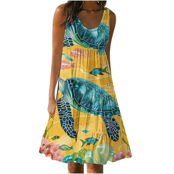 Giftesty Summer Dresses for Women Womens Fashion Holiday Summer Casual Printing Sleeveless Party Beach Loose Dress