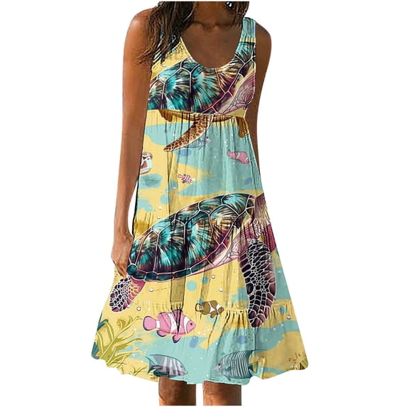 Giftesty Summer Dresses for Women Womens Fashion Holiday Summer Casual Printing Sleeveless Party Beach Loose Dress