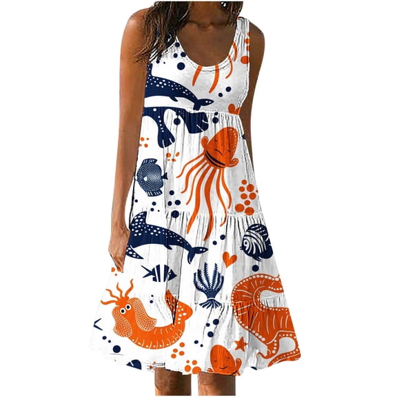 Giftesty Summer Dresses for Women Womens Fashion Holiday Summer Casual Printing Sleeveless Party Beach Loose Dress