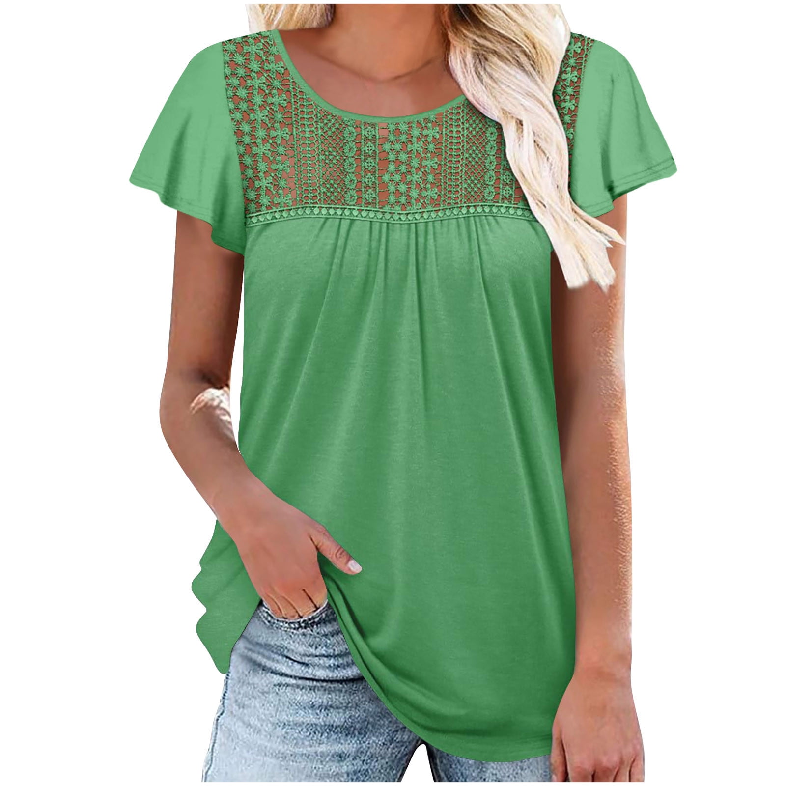 Giftesty Summer Tops for Women Clearance Women's Solid Round Neck Lace Ruffle Sleeve Net Short Sleeved Slim Top Short Sleeved Round Neck Top/shirt