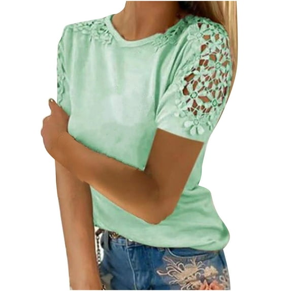 Giftesty Summer Tops for Women Women's Fashion Summer Round Neck Leisure Short Sleeve Solid Color Lace Stitching Tops
