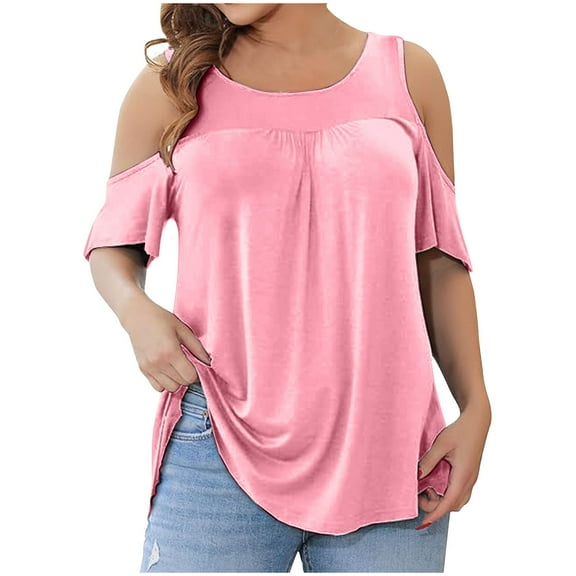 Giftesty Summer Tops for Women Women's Plus Size Top Short Sleeved Basic Casual Round Neck Off Shoulder T-shirt Loose Fitting Cotton Shirt