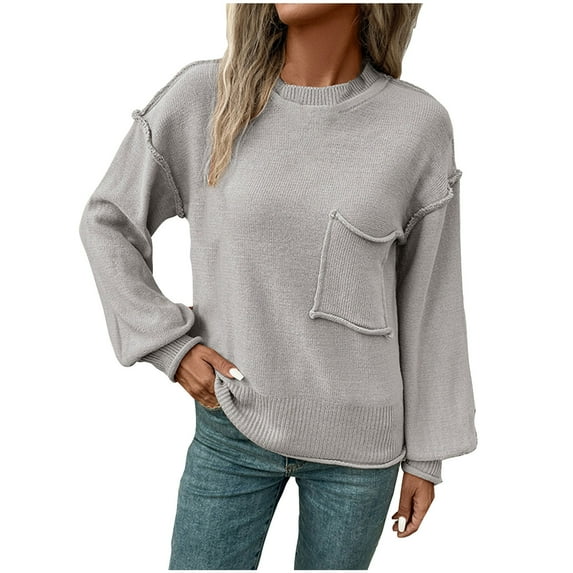 Giftesty Sweaters for Women Plus Size Women's Casual Fashion Long-Sleeve Round-Neck Solid Color Knitted Lantern Sleeve Sweater Tops