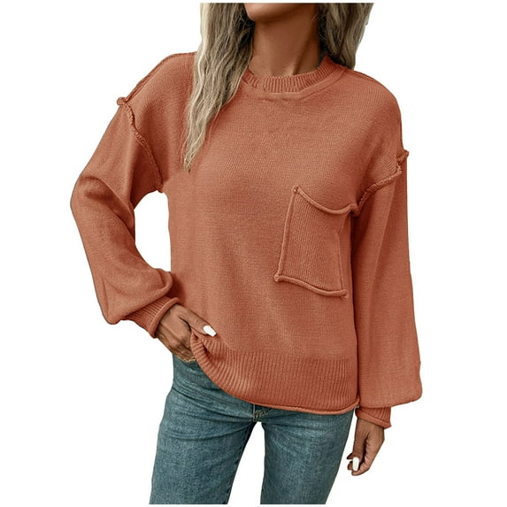 Giftesty Sweaters for Women Plus Size Women's Casual Fashion Long-Sleeve Round-Neck Solid Color Knitted Lantern Sleeve Sweater Tops