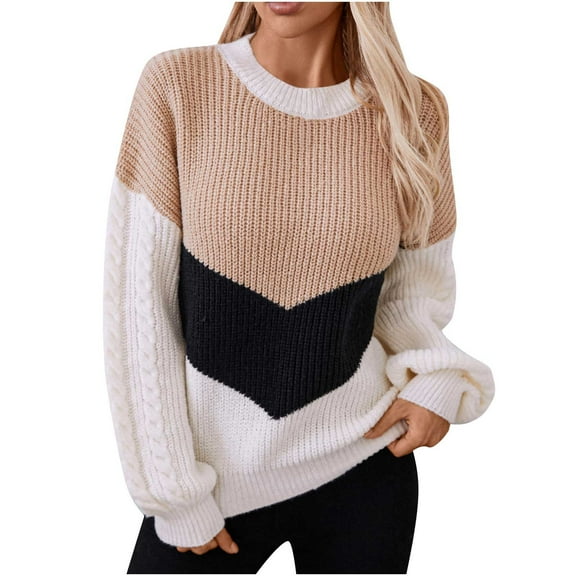 Giftesty Sweaters for Women Plus Size Women's Casual Round Neck Long Sleeve Sweater Knitted Stripe Loose Blouse Tops