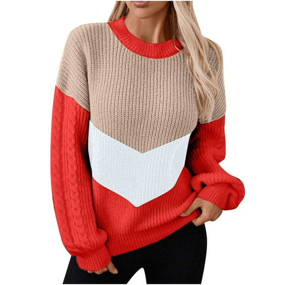 Giftesty Sweaters for Women Plus Size Women's Casual Round Neck Long Sleeve Sweater Knitted Stripe Loose Blouse Tops