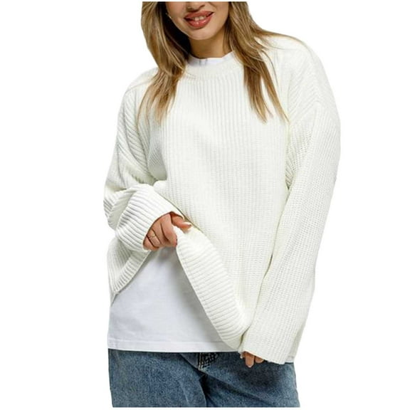 Giftesty Sweaters for Women Plus Size Women's Long Sleeved Loose Solid Color Round Neck Pullover Knitted Sweater