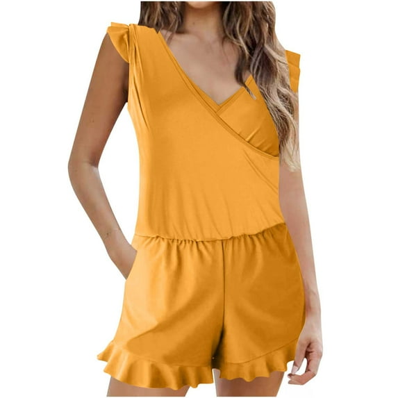 Giftesty Swim Suits for Women 2024 Women's Solid Color Built-in Bra Shorts Flat Angle Wooden Ear Pockets Shorts Swimsuit,Yellow XXL