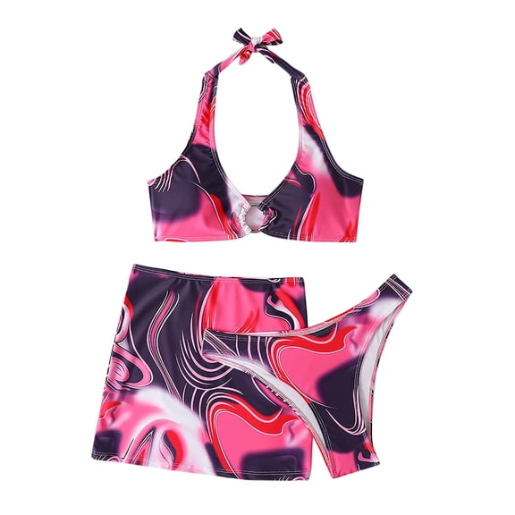 Giftesty Swimsuits for Women Clearance,Ladies Three-piece Bikini Three-piece Short Skirt with Chest Pad without Underwire
