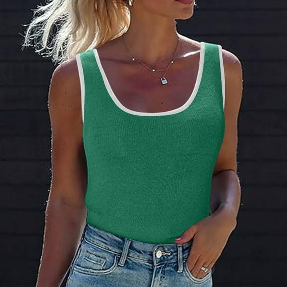 Giftesty Tank Tops for Women Womens Solid Contrasting Colors Refreshing Wicking Tank Tops Summer Sleeveless Scoop Neck Ribbed Knit Color Block Basic Slim Fitted Cami Tee Shirts