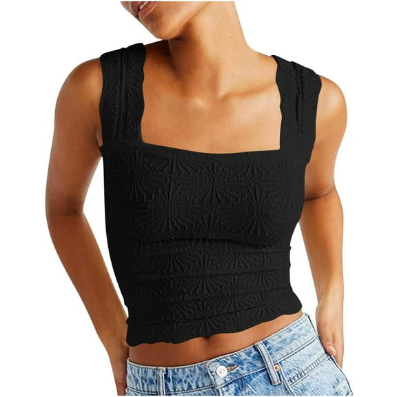 Giftesty Tank Tops for Women Womens Summer Solid Tank Tops Neck Crop Tops Flower Spring Going Out Tops Slim Crop Cami Wide Straps Sleeveless Shirts Top