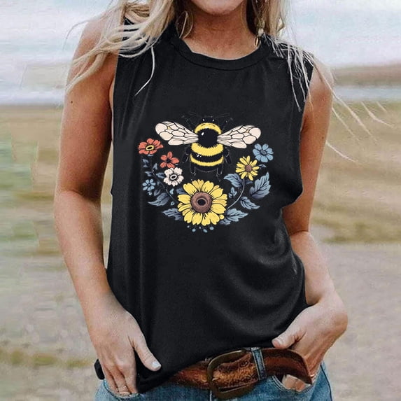 Giftesty Tank Tops for Women 2024 Women's New Loose Casual Fashion Crew-neck All-matching Printed Top