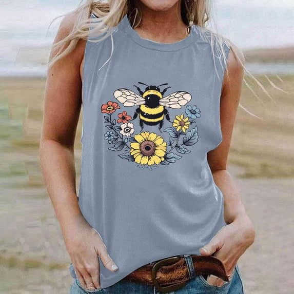 Giftesty Tank Tops for Women 2024 Women's New Loose Casual Fashion Crew-neck All-matching Printed Top