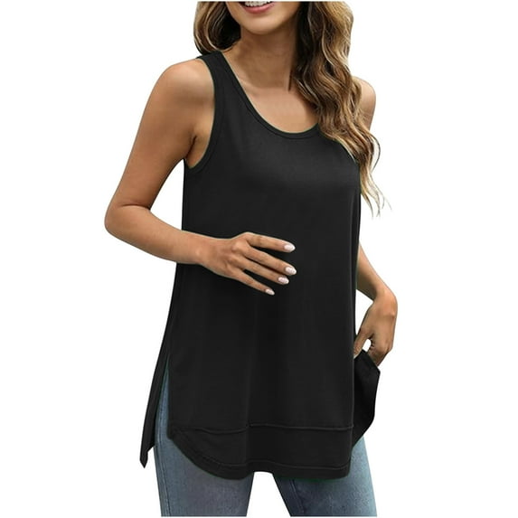 Giftesty Tank Tops for Women Clearance Summer Women Solid Color Round Neck Pocket Sleeveless Casual Tee Tops Tank