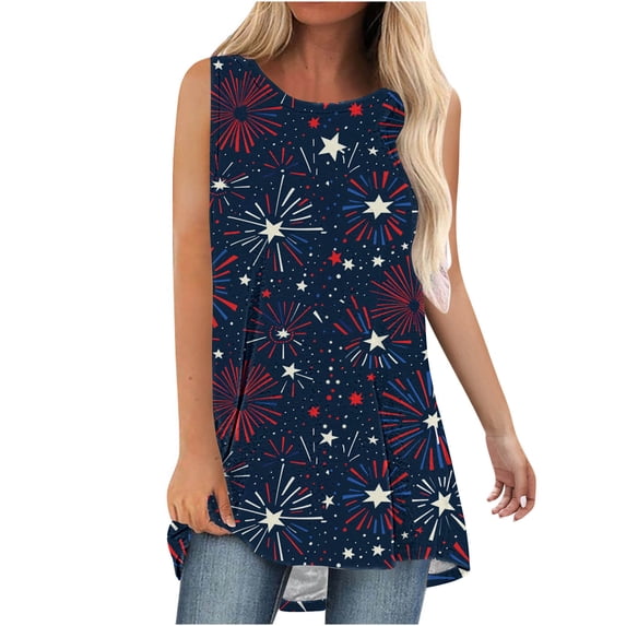 Giftesty Tank Tops for Women Clearance Women Casual T-shirt Independence Day Printed Round Neck Sleeveless Pullover Blouse Tops