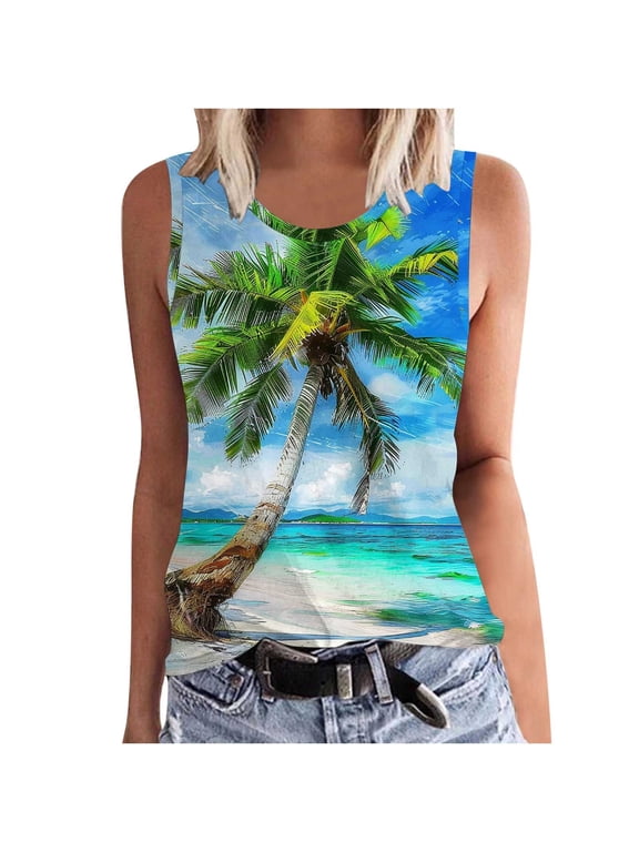 Tank Tops for Women Women Floral Printing Tank Round-Neck Sleeveless Block Tunic Tee Tops
