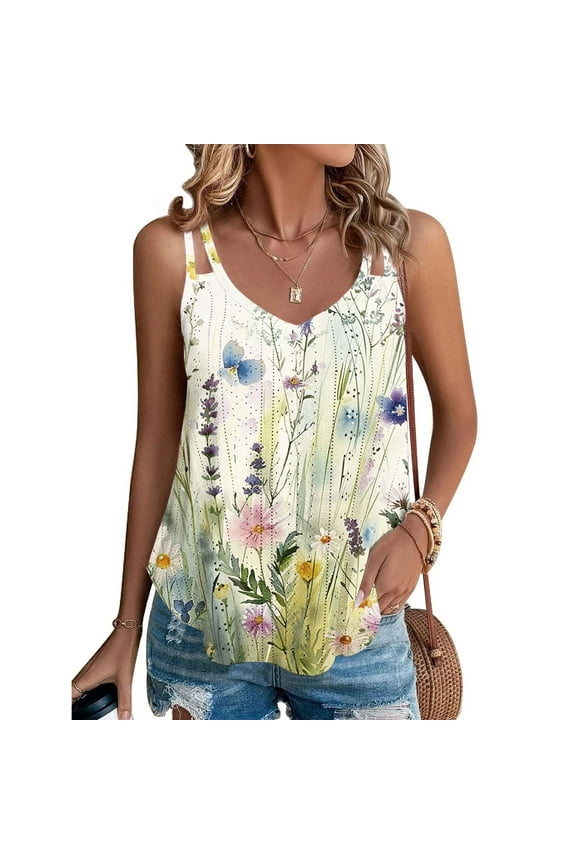Tank Tops for Women Women Printing Sleeveless Round Neck Pullover Eyelet Tops Shirts Blouse
