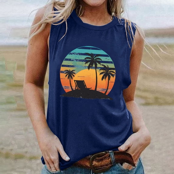 Giftesty Tank Tops for Women Fashion Casual Printed Sleeveless Blouse Round Neck Slim Pullover Tops