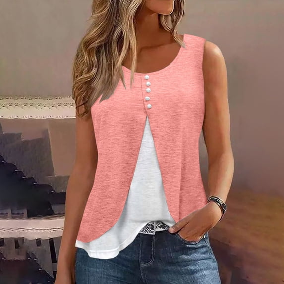 Giftesty Tank Tops for Women Loose Summer Casual Solid Color Patchwork Round Neck Top