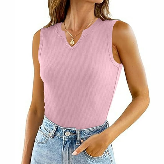 Giftesty Tank Tops for Women Solid Ribbed Fitted Tank Tops 2024 V Neck Curved Hem Sleeveless Shirts Casual Basic Tops
