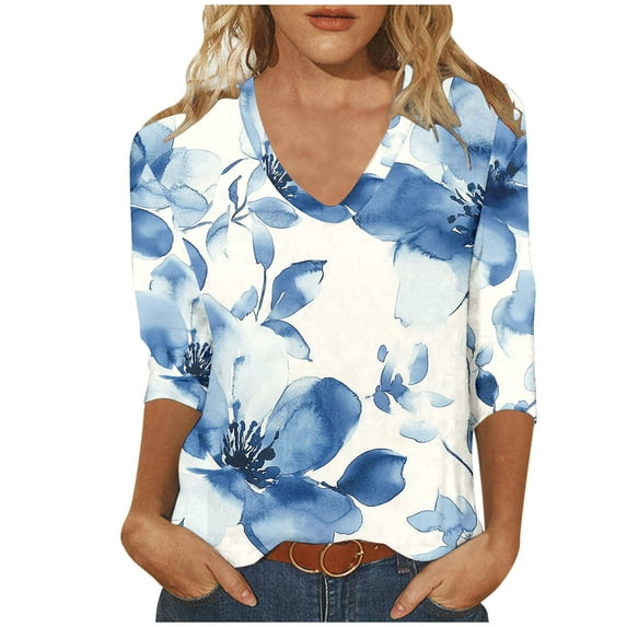 Giftesty Three Quarter Sleeve Tops for Women V Neck Printed T Shirts Casual Blouse&Shirt