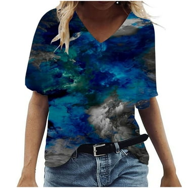 Giftesty Tops for Women Clearance Women's Fashion Casual Plus Size Scenic Flowers Printing V-Neck T-Shirt Tops