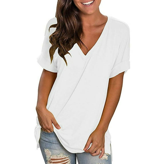 Giftesty Tops for Women Clearance Women's Fashion Summer Large Size V Neck Leisure Short Sleeve Solid Tops