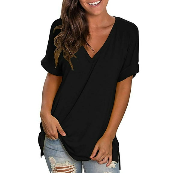 Giftesty Tops for Women Women's Fashion Summer Large Size V Neck Leisure Short Sleeve Solid Tops