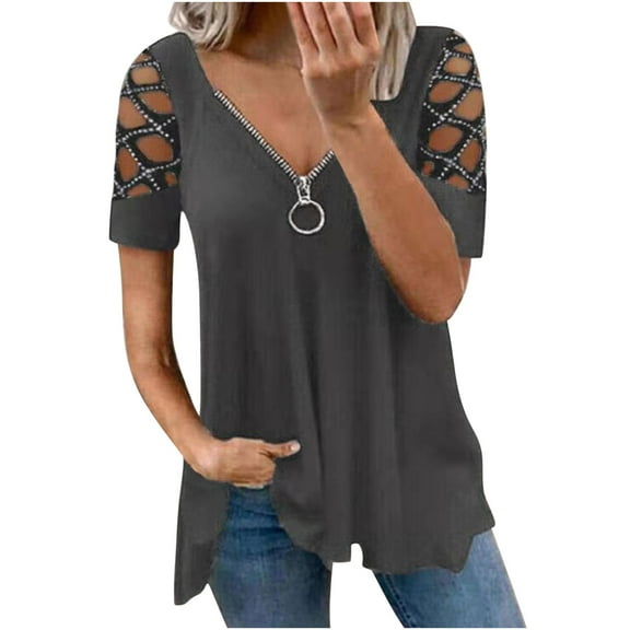 Giftesty Tops for Women Summer Hot Diamond Hollow Sexy Fashion Zipper Short Sleeve Tops