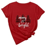 Giftesty Tshirt for Women Clothing Clearance Women's Round Neck T-Shirt Lattice Christmas Tree Print T-Shirt Short Sleeve T-Shirt Tops
