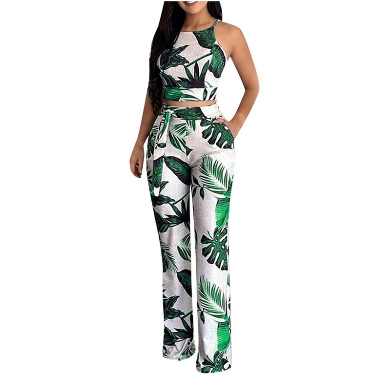 Tropical Print Womens Two Piece Casual Wear Set With Sleeveless